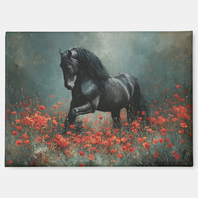 Aimant Black Friesian Stallion Red Poppies (Recto)