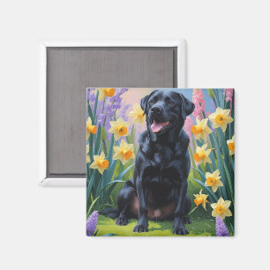 Aimant Black Labrador Fleurs de printemps de chien Peintu