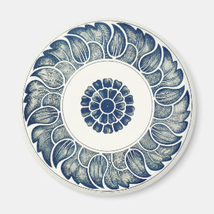 Aimant Blanc bleu Floral chinois rond