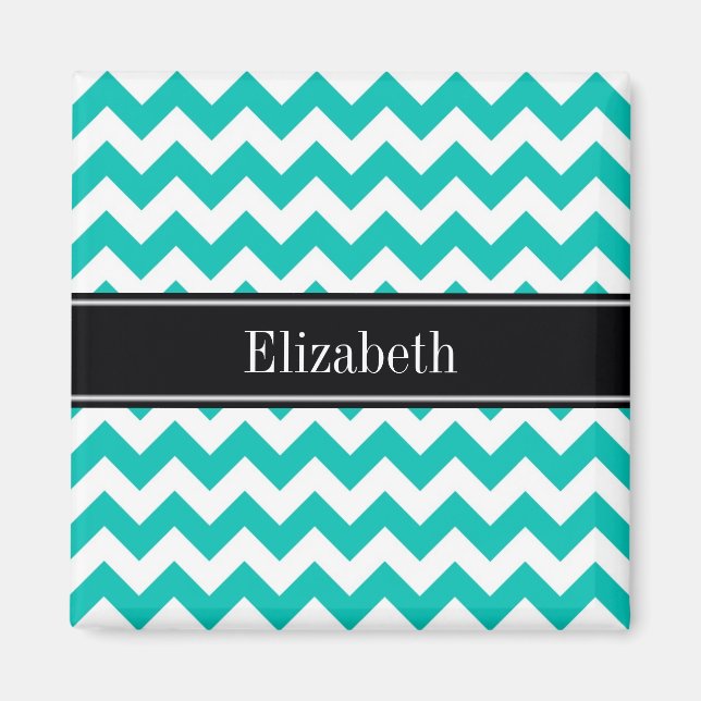 Aimant Blanc Chevron ZigZag Monogramme Nom Noir Sarcelle (Devant)