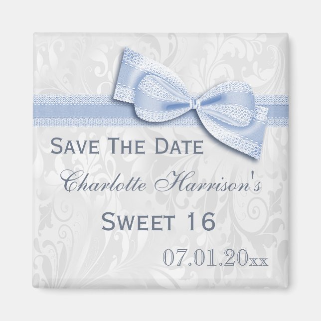 Aimant Blanc Damas & Faux Bow Sweet 16 Enregistrer La Dat (Devant)