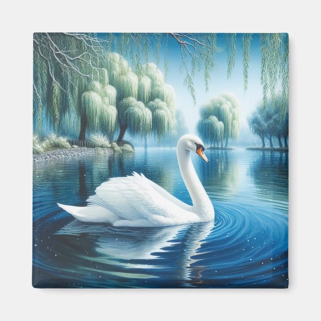 Aimant Blanc Swan Weeping Wileping Aquarelle Art (Devant)