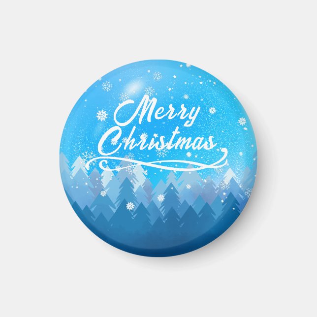Aimant Bleu Blanc Neige Paisible Forêt Joyeux Noël (Devant)