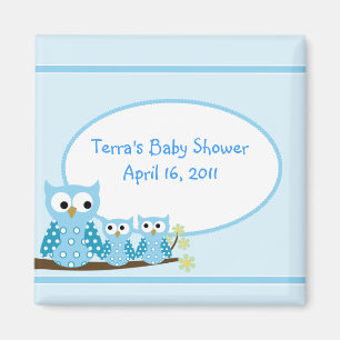 Aimant BLEU de faveur de baby shower de HIBOUX de