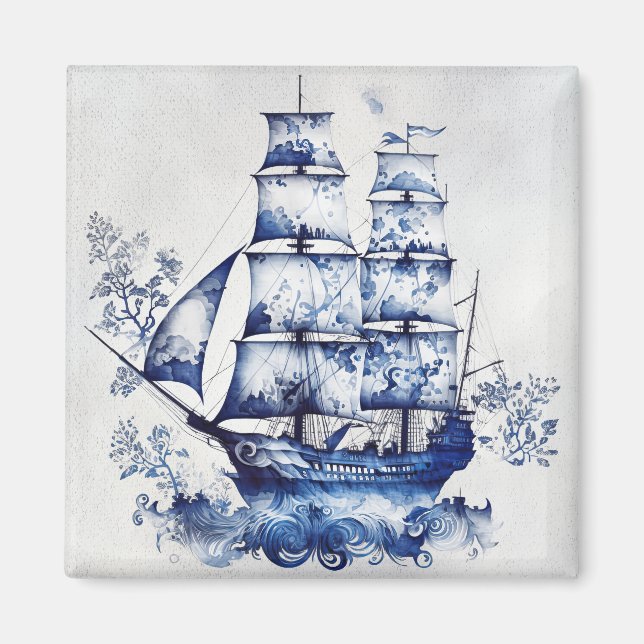 Aimant Bleu et blanc Delft voilier en mer (Devant)