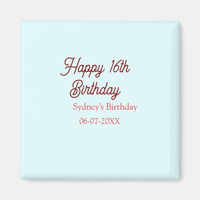 Aimant Bleu pastel rouge joyeux 16e anniversaire nom date (Devant)