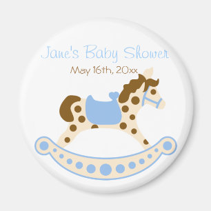 Aimant bleu rond de baby shower de cheval de