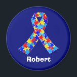 Aimant Bleu ruban de Sensibilisation sur l'autisme person<br><div class="desc">Aimant ruban de Sensibilisation sur l'autisme personnalisé pour les amis autistes ou la famille. Un cadeau de père ou de mère autiste cool qui peut être personnalisé avec n'importe quel texte sous le ruban de la pièce de puzzle de bleu,  jaune et rouge. Un joli syndrome d'Asperger est présent.</div>