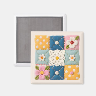 Aimant Bloc de patchwork Fleurs et Dentelle Brodés