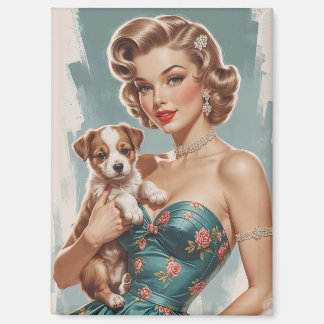Aimant Blonde Pin Up avec mignon chiot
