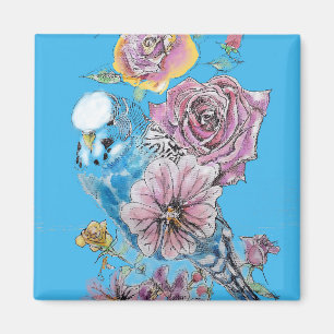 Aimant Blue Budgie Budgerigar Rose aquarelle art floral
