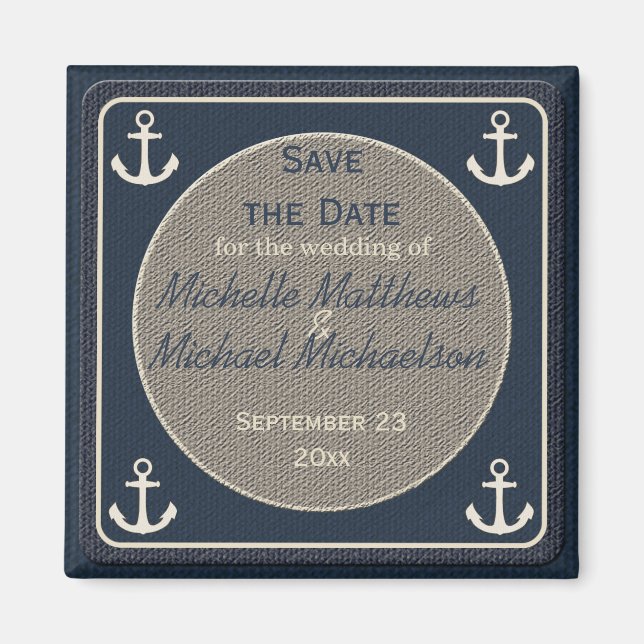 Aimant Blue Burlap Ship's Anchor Nautical Save the Date (Devant)