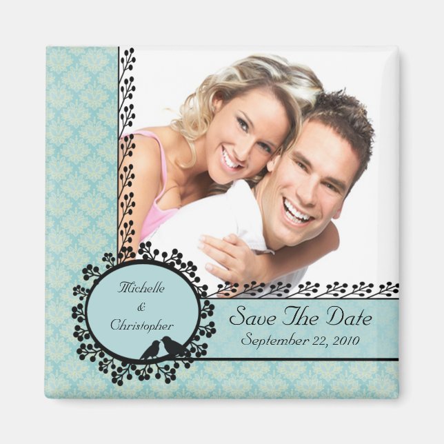 Aimant Blue Damask Inséparables Photo Save The Date Magne (Devant)