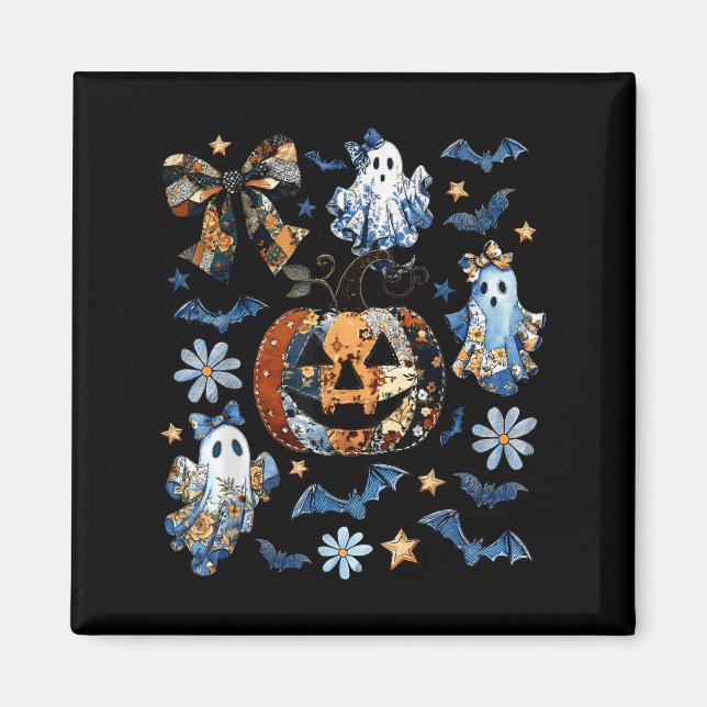 Aimant Blue Denim Floral Patchwork Citrouille Ghost Coque (Devant)