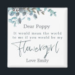 Aimant Blue Eucalyptus Feuille Script Flower Demande de f<br><div class="desc">Une belle façon de poser cette question spéciale,  offrez cet aimant avec des feuilles Blue Eucalyptus ornant le bord supérieur avec Flowergirl en set typographie moderne design en bleu foncé. Le reste du texte peut être facilement personnalisé.</div>