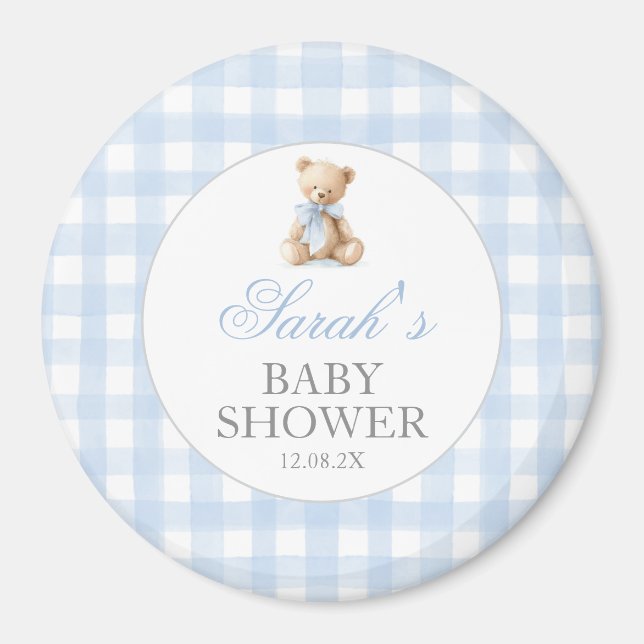Aimant Blue Gingham Bear Baby Shower (Devant)