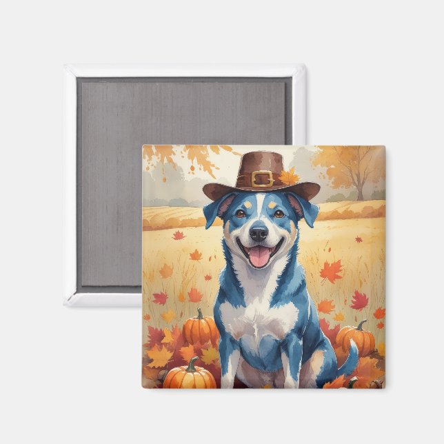 Aimant Blue Heeler dans l'art de Thanksgiving aux feuille (Recto/Verso)
