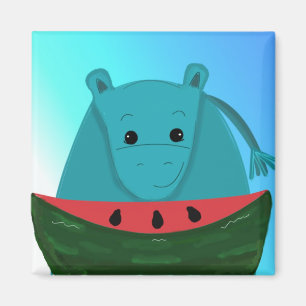 Aimant Blue Hippopotamus with Watermelon Slice