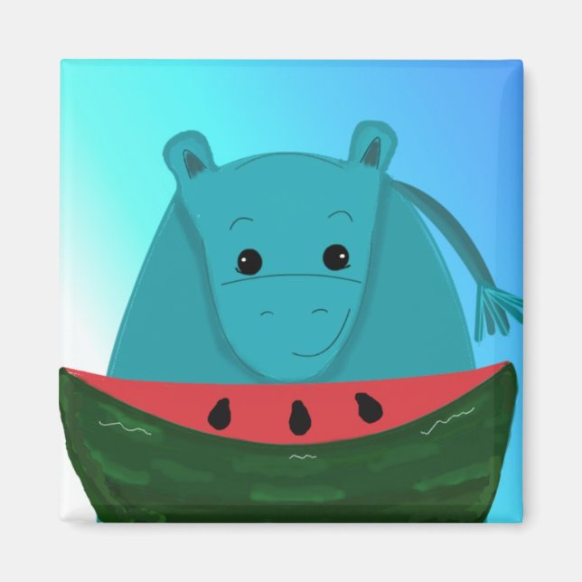 Aimant Blue Hippopotamus with Watermelon Slice (Devant)