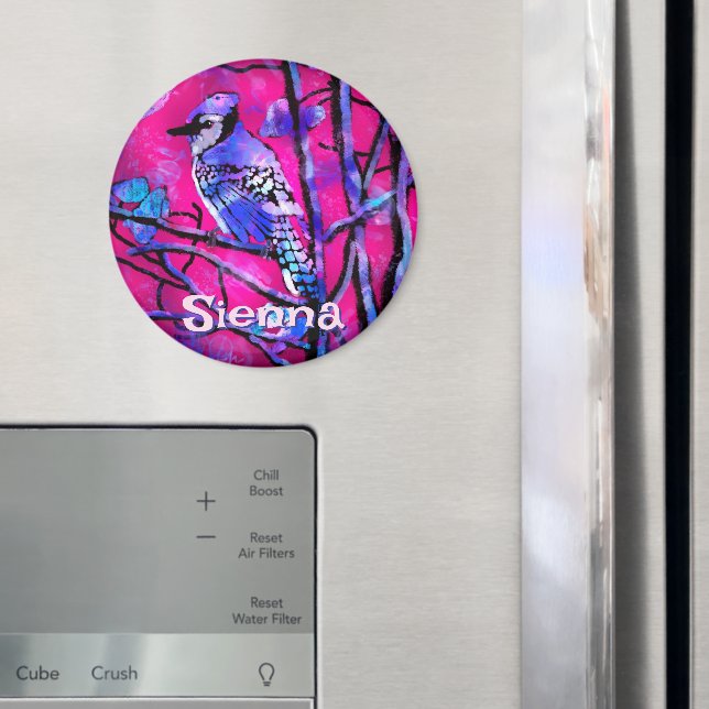 Aimant Blue Jay Bird Tree Branch Pink Personalized  (In situ (réfrigérateur))