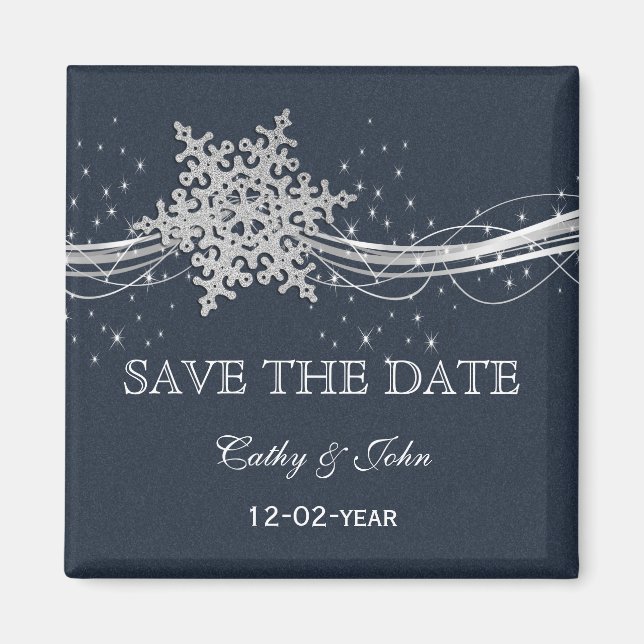 Aimant Blue Silver Snowflakes Winter save the date (Devant)