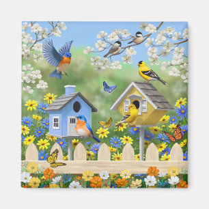 Aimant Bluebirds Goldfinches Birthhouse Flower Garden