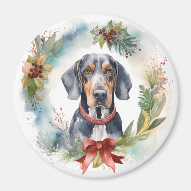 Aimant Bluetick Coonhound Christmas Wreath Festive Pup (Devant)
