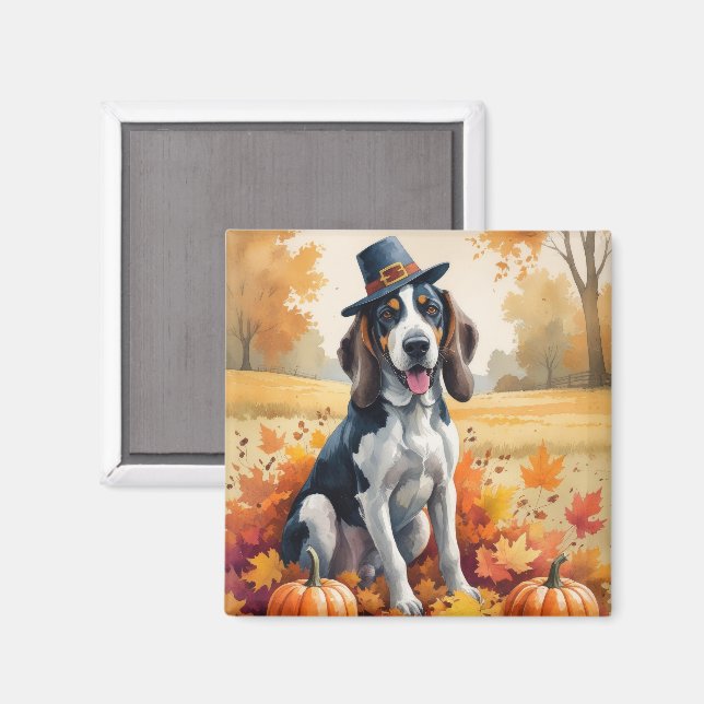 Aimant Bluetick Coonhound L'automne quitte Thanksgiving A (Recto/Verso)