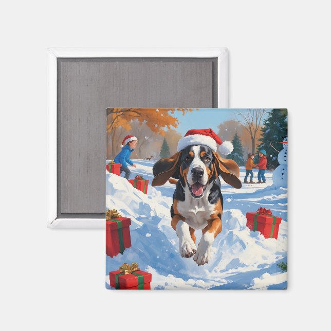 Aimant Bluetick Coonhound Scène de neige festive de Noël (Recto/Verso)