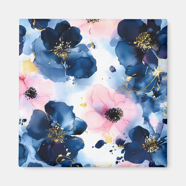 Aimant Blush Rose Gold Bleu de Nuit Floral Aquarelle (Devant)