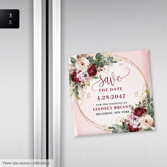 Aimant Boho Bourgogne Rose Gold Floral Sauvegarder la Dat (Boho Burgundy Blush Gold Floral Save Date Magnet)
