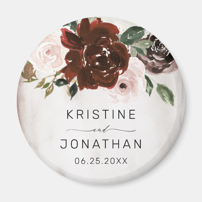 Aimant Boho Burgundy Rose Rose Aquarelle Mariage Floral (Devant)