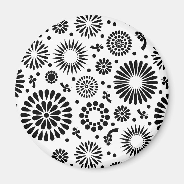 Aimant Boho fleurs Motif floral vectoriel noir et blanc (Devant)
