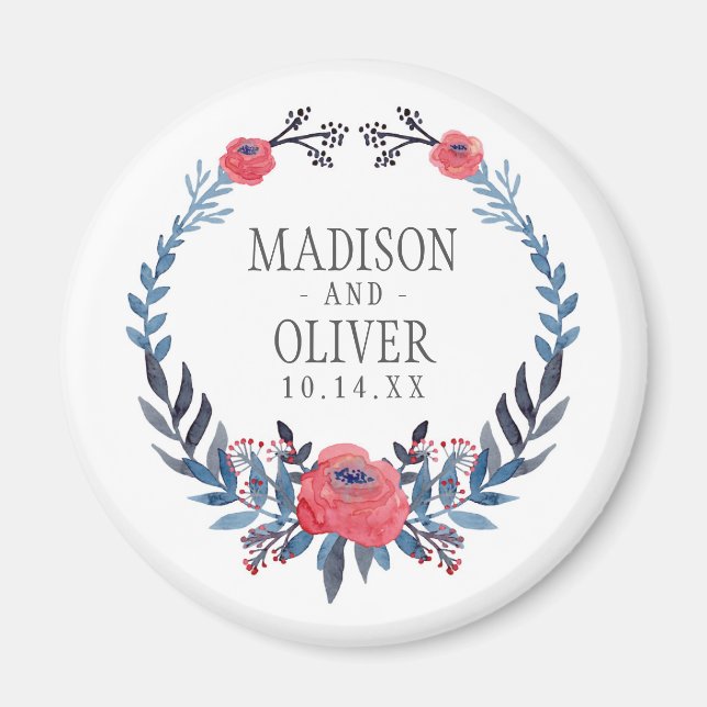 Aimant Boho Floral Aquarelle Roses rouges | MARIAGE (Devant)