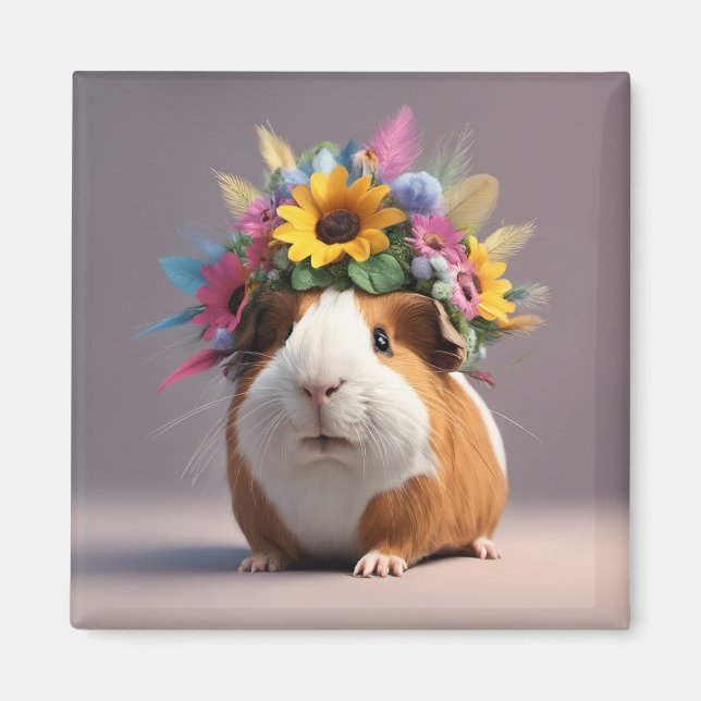 Aimant Boho Guinée Cochon avec halo à fleurs, mignonette  (Devant)
