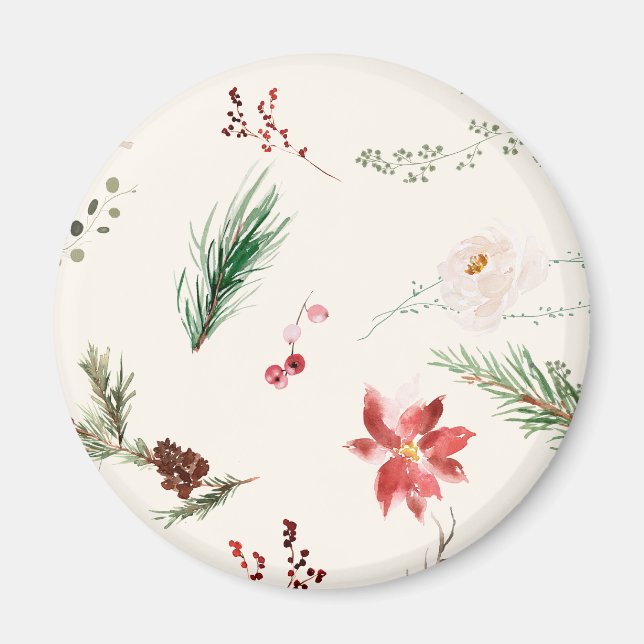 Aimant Boho Hiver Poinsettia Pins Verdure Aquarelle (Devant)