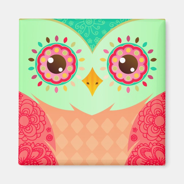 Aimant Boho Red & Green Owl (Devant)