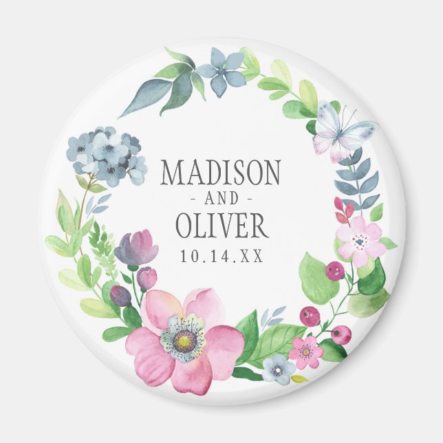 Aimant Boho Watercolor Floral & Butterfly | MARIAGE (Devant)
