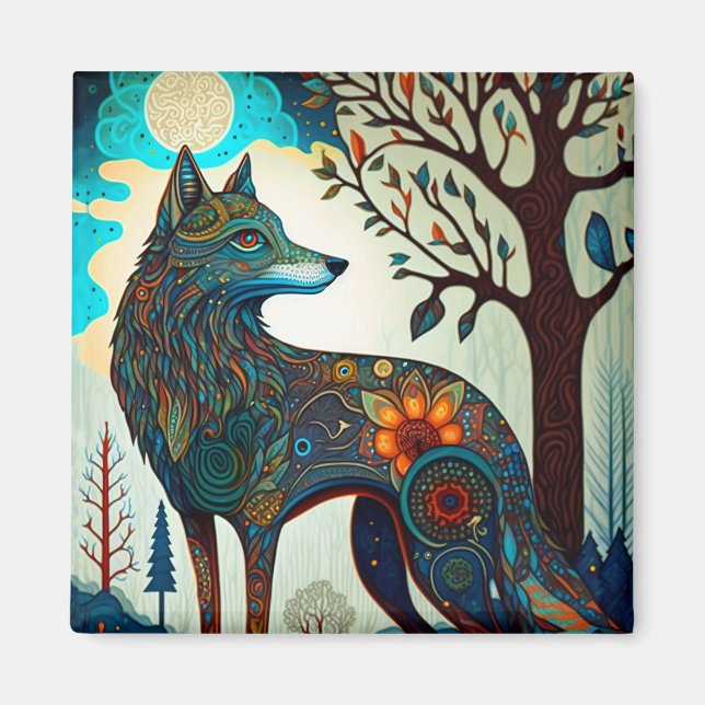 Aimant Boho Wolf Surreal Wildlife Art Button (Devant)