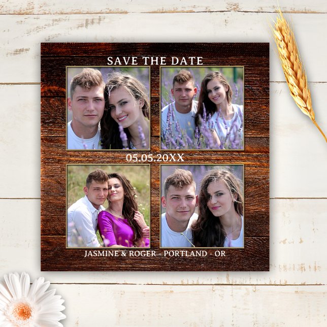 Aimant Bois rustique 4 photos personnalisées Enregistrer  (Save the Date magnet featuring your own 4 photos framed by a rustic wood background.)