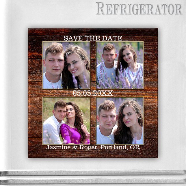 Aimant Bois rustique Vos 4 photos Sauvez l'aimant de date (Save the Date magnet featuring your own 4 photos framed by rustic wood - wedding - engagement)