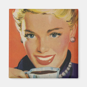 Aimant Boissons Vintage, Femme Heureuse avec Tasse de Caf