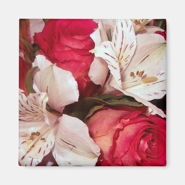 Aimant Bonheur floral rouge et blanc (Devant)