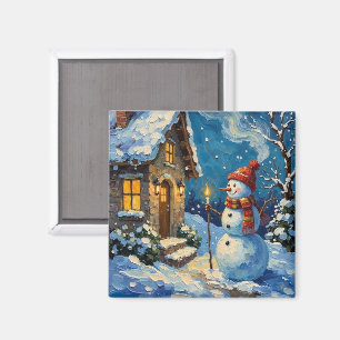 Aimant Bonhomme de neige vintage près d'un cottage de Noë