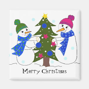 Aimant Bonhommes de neige décorant un sapin de Noël