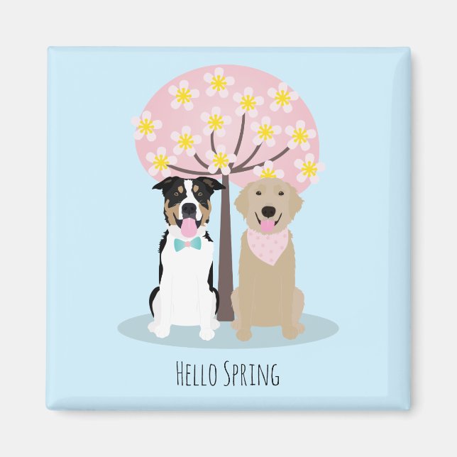 Aimant Bonjour Chiens De Printemps Par Cherry Blossom Tre (Devant)