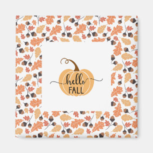 Aimant Bonjour Citrouille d'automne avec cadre de feuille