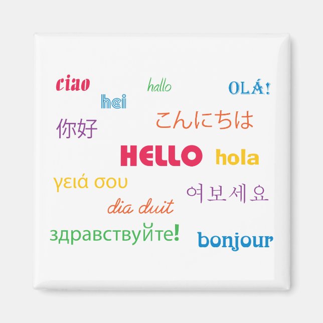 Aimant Bonjour dans plusieurs langues coloré (Devant)