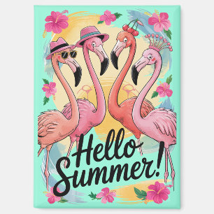 Aimant Bonjour Été Mignon Flamant Rose Plage Vacances Tro