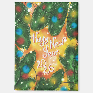 Aimant Bonne année 2026 branches de pin et lumières